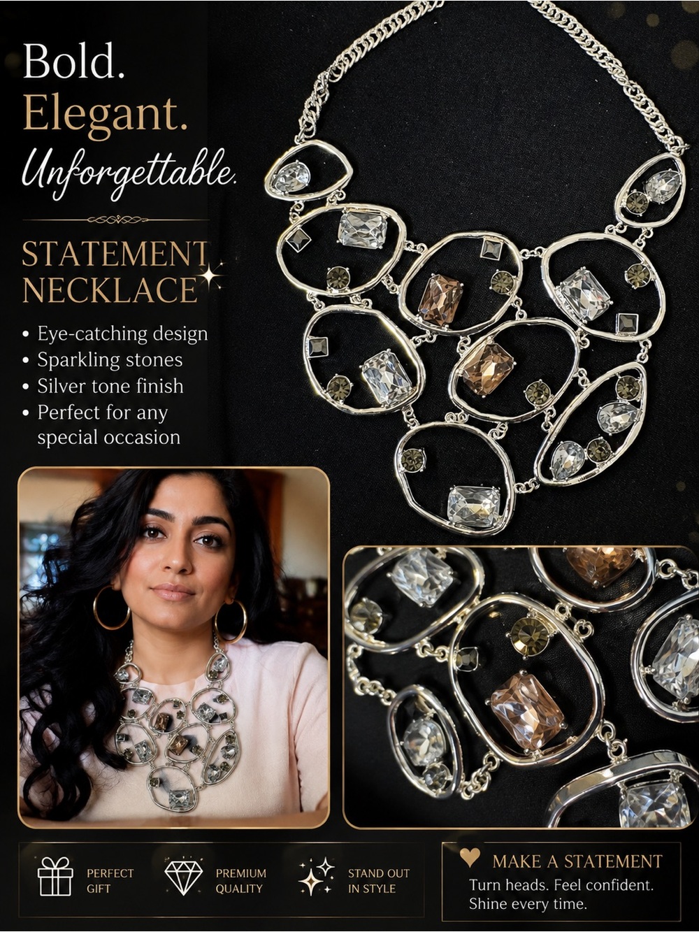 Silver-Tone Statement Necklace with Clear & Champagne Stones